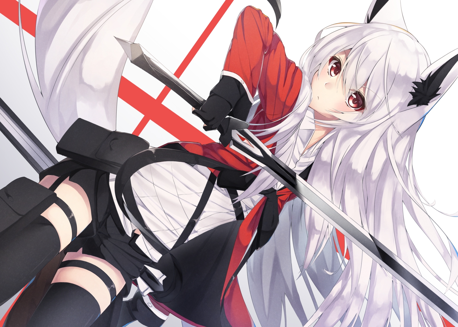 animal_ears, foxgirl, garter, gloves, long_hair, original, red_eyes, shiro_youduki, shorts, sword, tail, thighhighs, weapon, white_hair