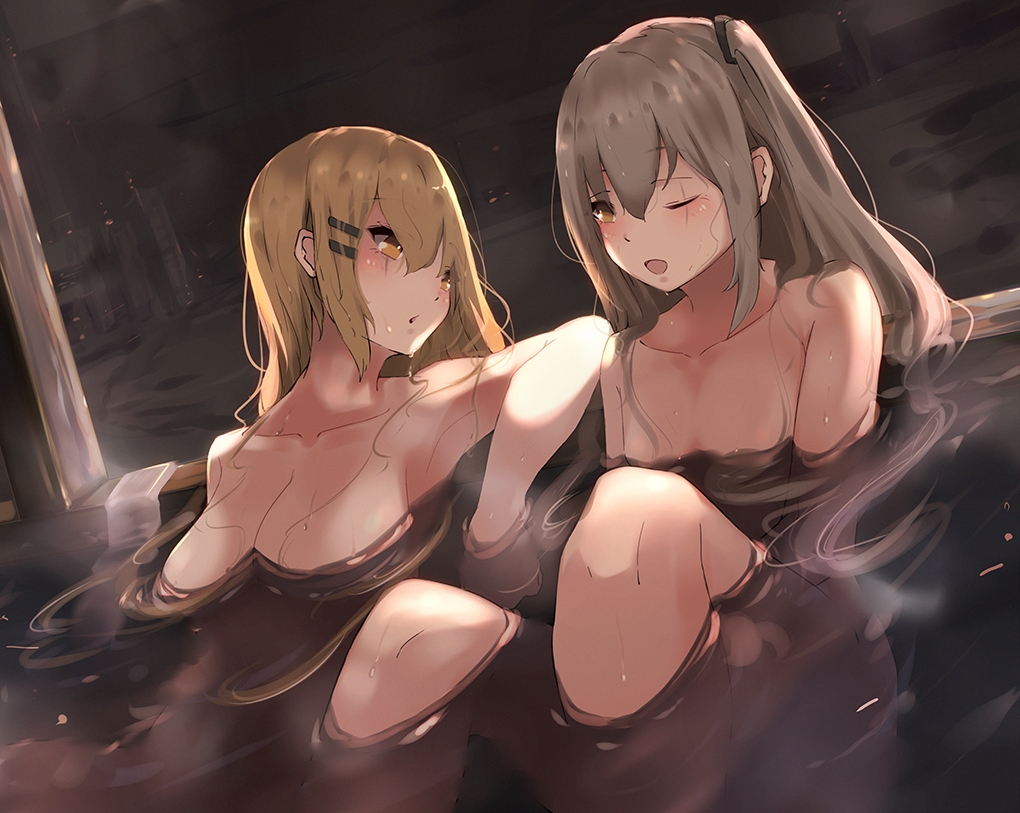 2girls, anthropomorphism, bath, blonde_hair, girls_frontline, gray_hair, katuo1129, long_hair, onsen, ump-45_(girls_frontline), ump-9_(girls_frontline), water, wink, yellow_eyes