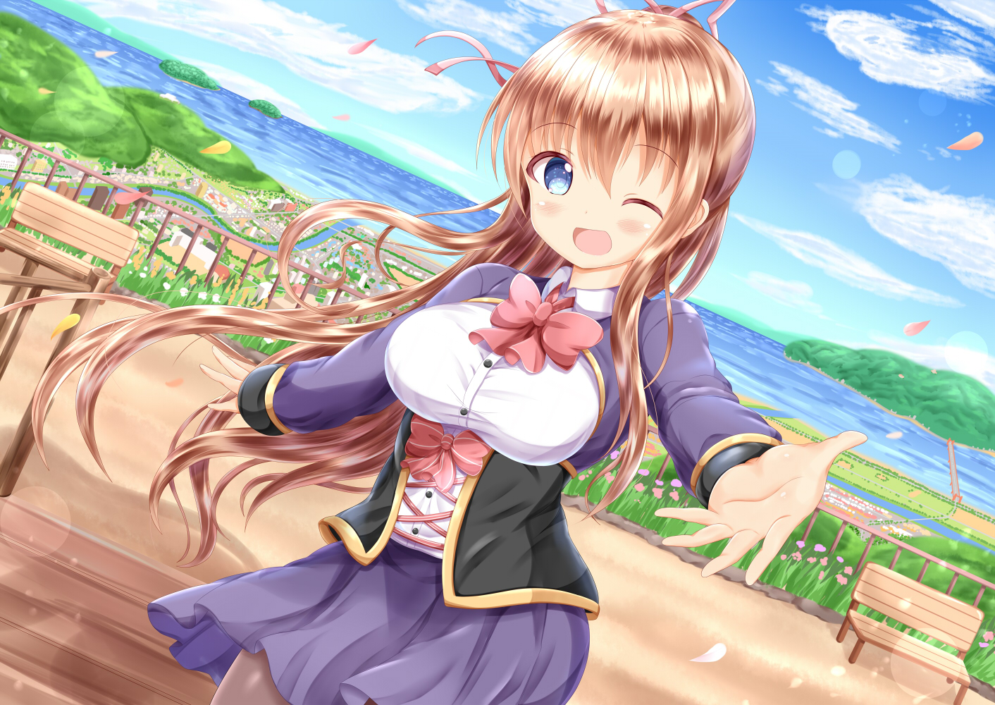 blue_eyes, breasts, brown_hair, building, city, clouds, long_hair, original, pantyhose, petals, skirt, sky, water, wink, zenon_(for_achieve)
