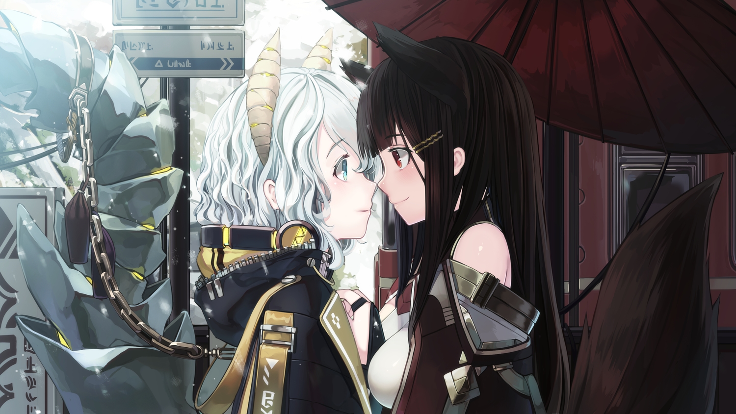 2girls, animal_ears, aqua_eyes, brown_hair, chain, foxgirl, headphones, hood