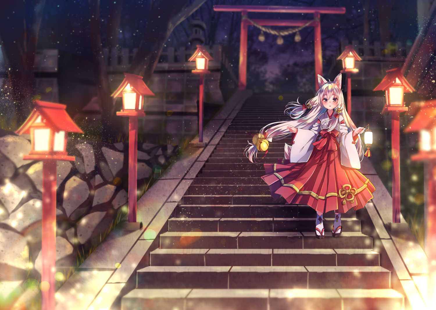 animal_ears, foxgirl, grass, japanese_clothes, long_hair, miko, nemuri_nemu, night