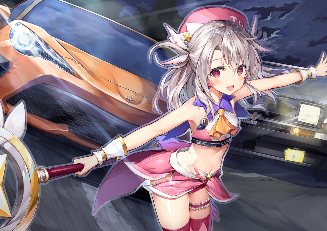 blush, car, fate/kaleid_liner_prisma_illya, fate_(series), garter, gedou_(shigure_seishin), gray_hair, hat