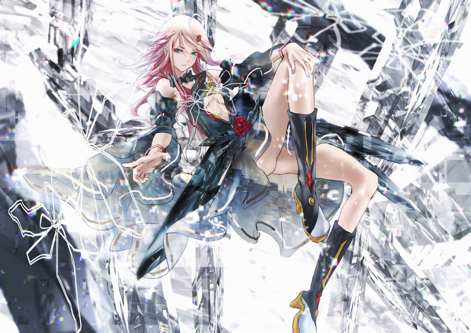 breasts, flowers, green_eyes, guilty_crown, long_hair, pink_hair, rose, tanikku