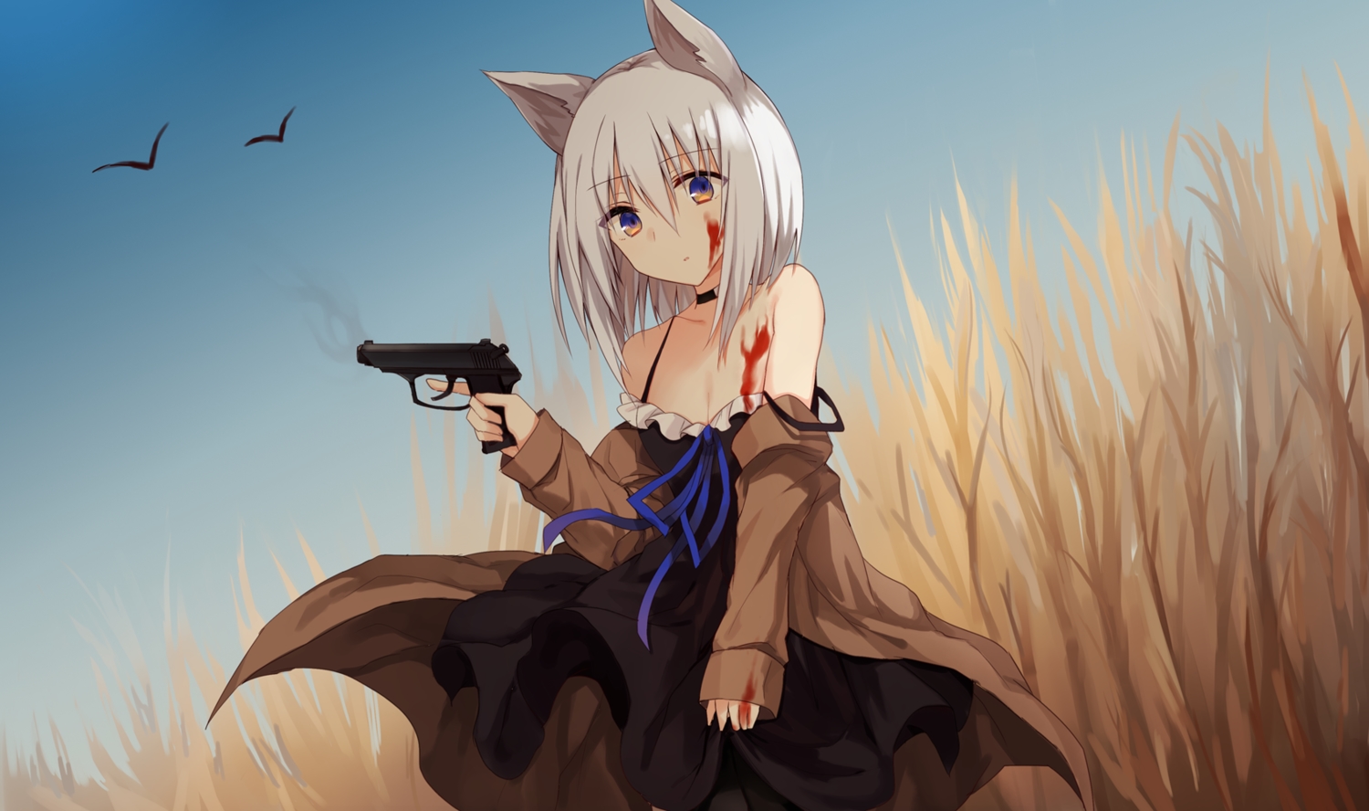animal, animal_ears, bird, blood, breasts, brown_eyes, catgirl, choker