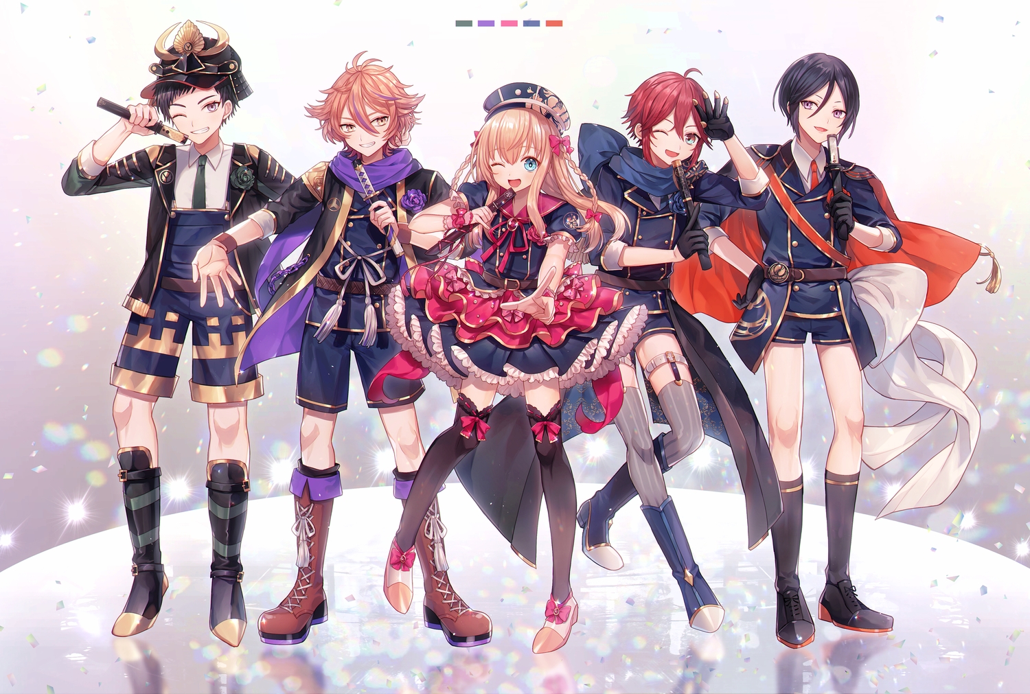 abandon_ranka, all_male, anthropomorphism, armor, atsushi_toushirou, bow, braids, dress, gloves, gotou_toushirou, group, hat, knife, long_hair, male, midare_toushirou, samurai, shinano_toushirou, short_hair, shorts, thighhighs, touken_ranbu, weapon, wink, wristwear, yagen_toushirou