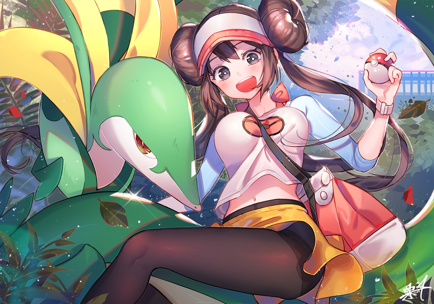 black_eyes, breasts, brown_hair, kuri_choko, long_hair, mei_(pokemon), navel, pantyhose