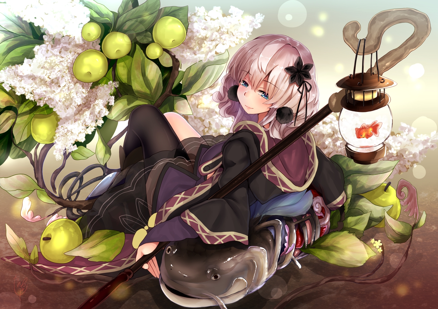 animal, blue_eyes, fish, flowers, food, fruit, gray_hair, hood