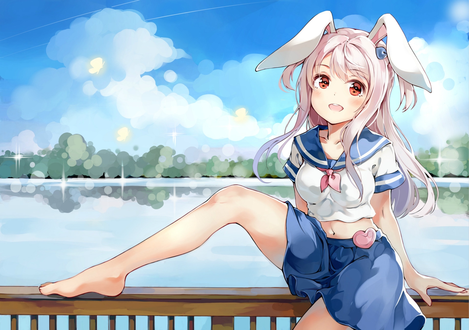 animal_ears, anthropomorphism, barefoot, bunny_ears, bunnygirl, clouds, gray_hair, long_hair, navel, red_eyes, school_uniform, situmey, skirt, sky, tagme_(character), zhanjian_shaonu