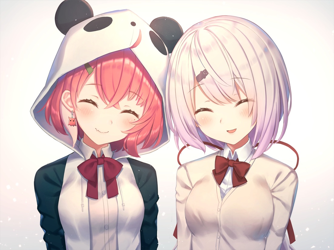 2girls, blush, bow, fang, gray_hair, hood, kawami_nami, nijisanji, pink_hair, sasaki_saku, school_uniform, shiina_yuika, short_hair