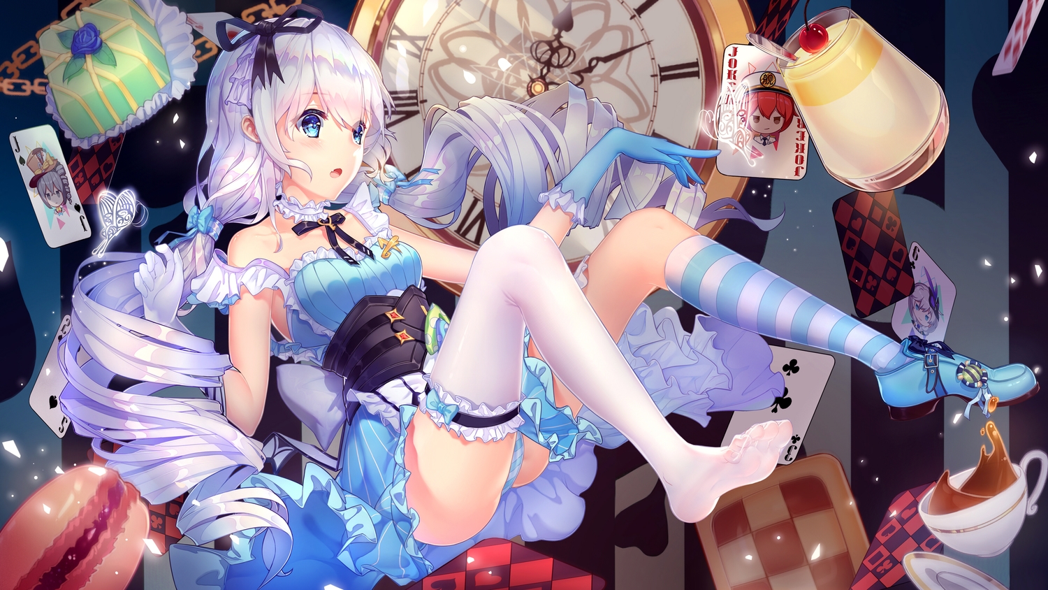 aqua_eyes, blush, bow, cake, cherry, choker, corset, drink, elbow_gloves, fang, food, fruit, gloves, honkai_impact, honkai_(series), kneehighs, long_hair, nhan, panties, striped_panties, theresa_apocalypse, thighhighs, twintails, underwear, white_hair