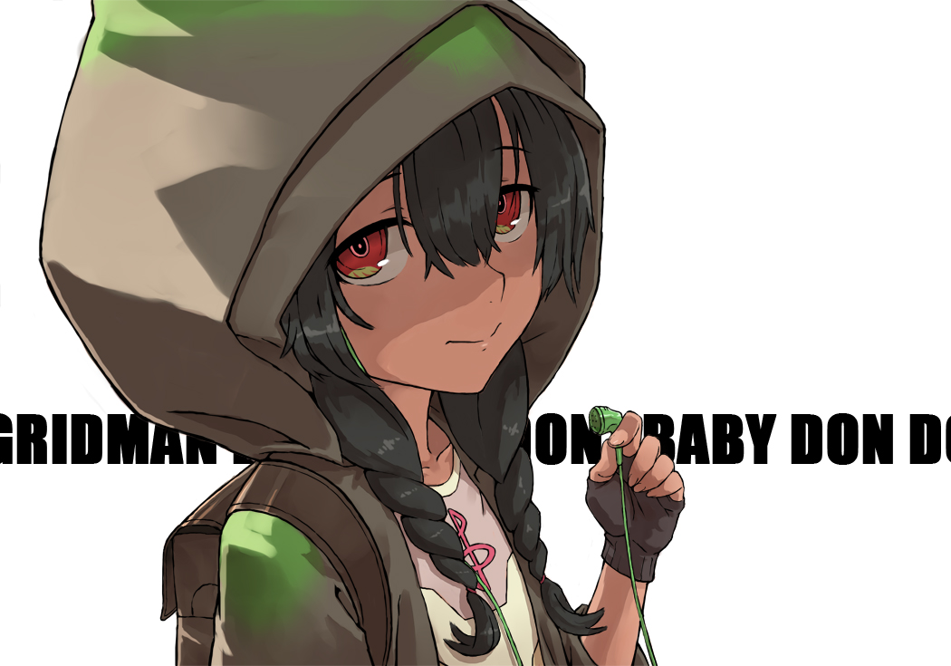 anosillus_ii, black_hair, braids, close, dark_skin, gloves, haraya_manawari, headphones, hood, long_hair, red_eyes, ssss.gridman, twintails