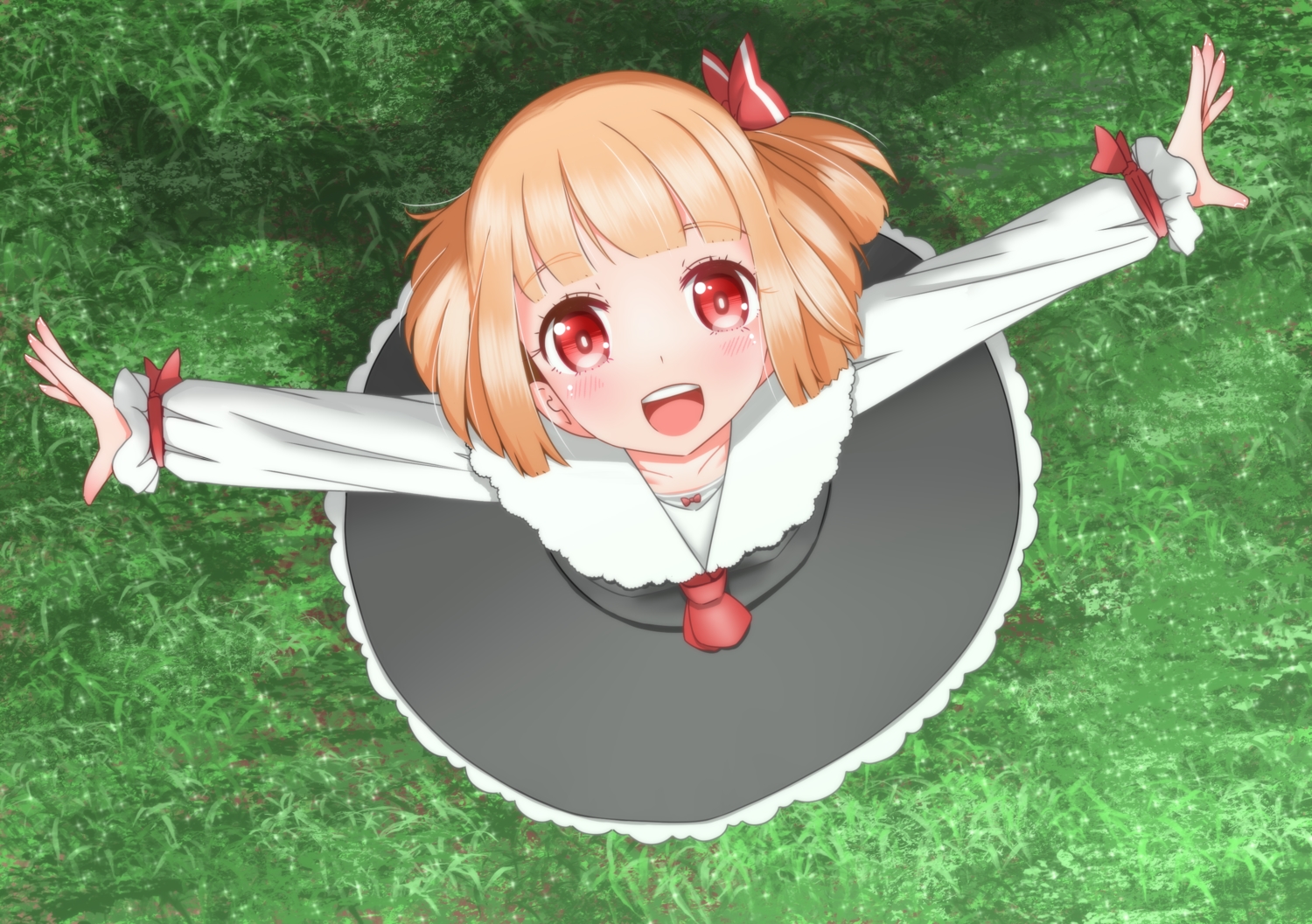 blonde_hair, blush, dress, grass, green, loli, red_eyes, roco_(katsuya1011), rumia, short_hair, touhou