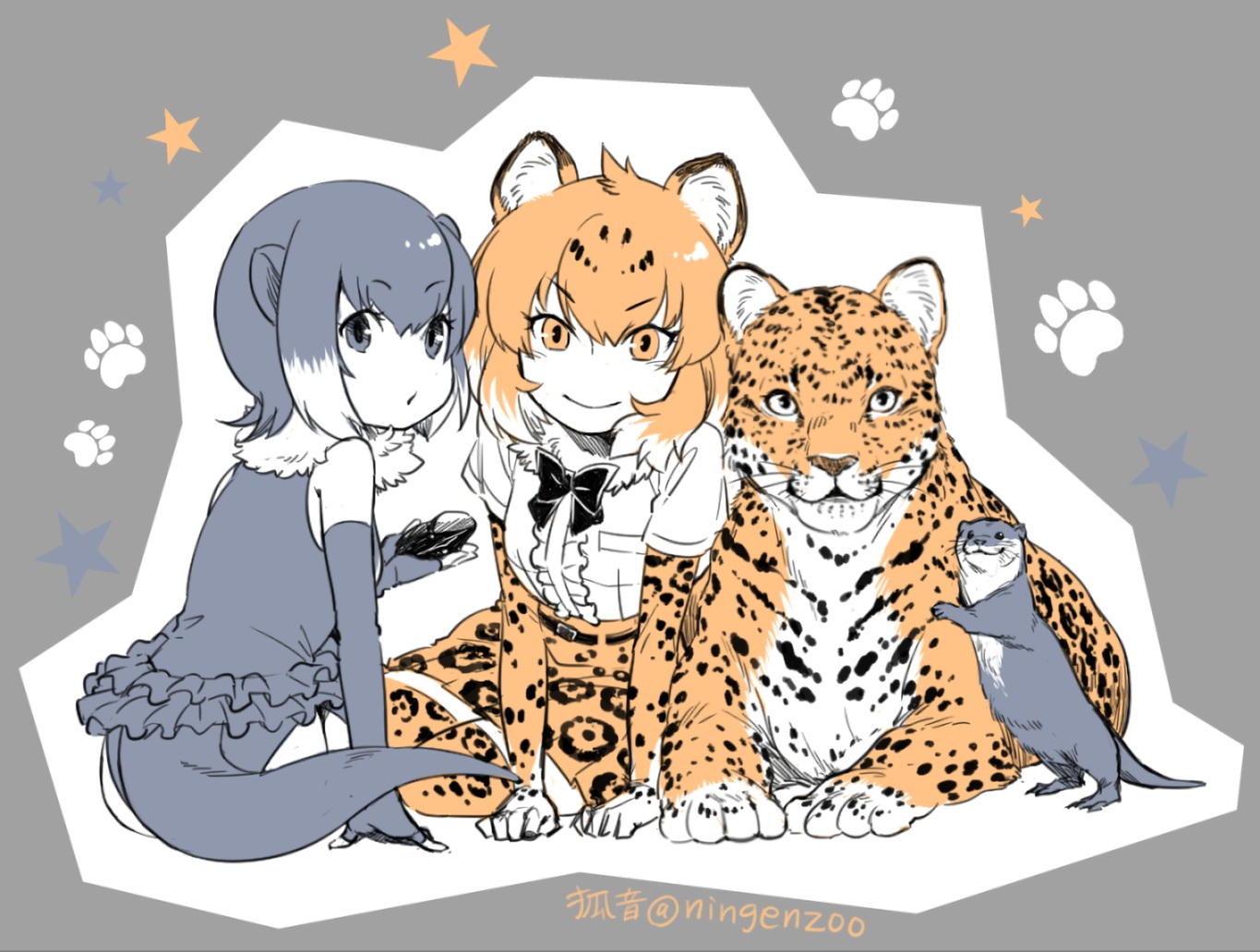 2girls, animal, animal_ears, anthropomorphism, catgirl, elbow_gloves, gloves, gray_eyes