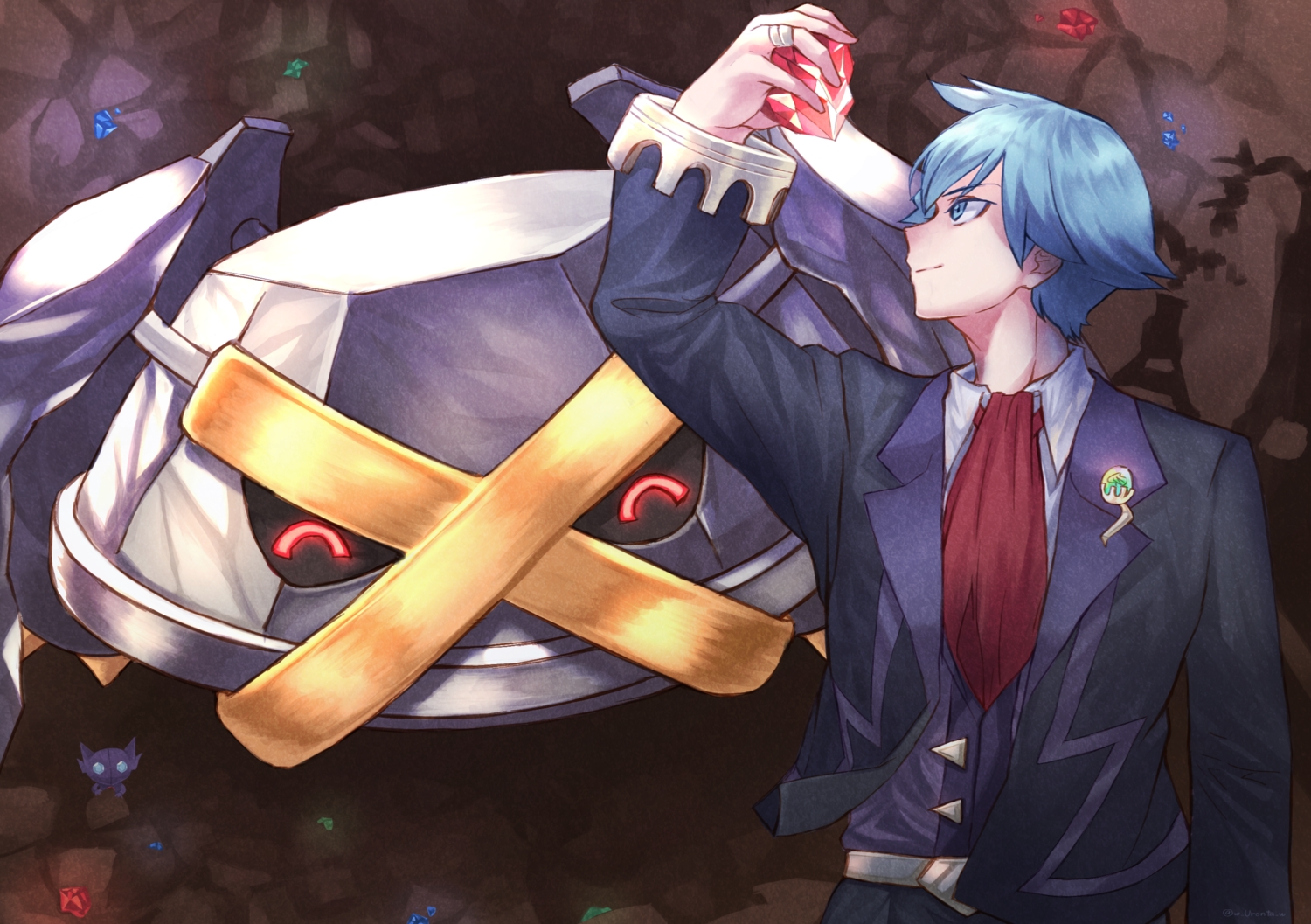 all_male, aqua_eyes, aqua_hair, male, metagross, pokemon, sableye, short_hair, suit, tsuwabuki_daigo, w-moz9-w