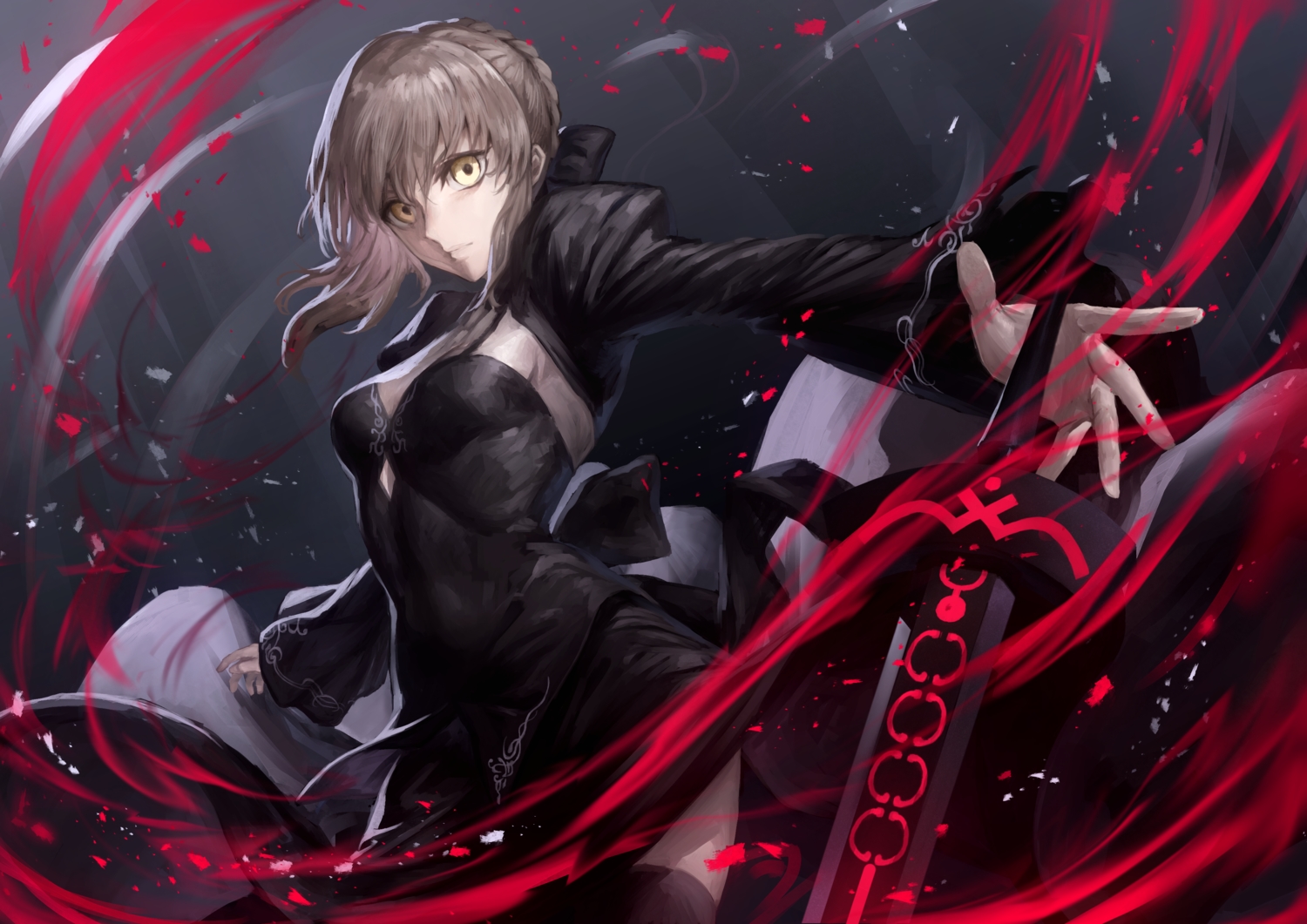 artoria_pendragon_(all), blonde_hair, braids, dress, fate/grand_order, fate_(series), magic, peperon_(peperou), saber, saber_alter, short_hair, sword, thighhighs, weapon, yellow_eyes