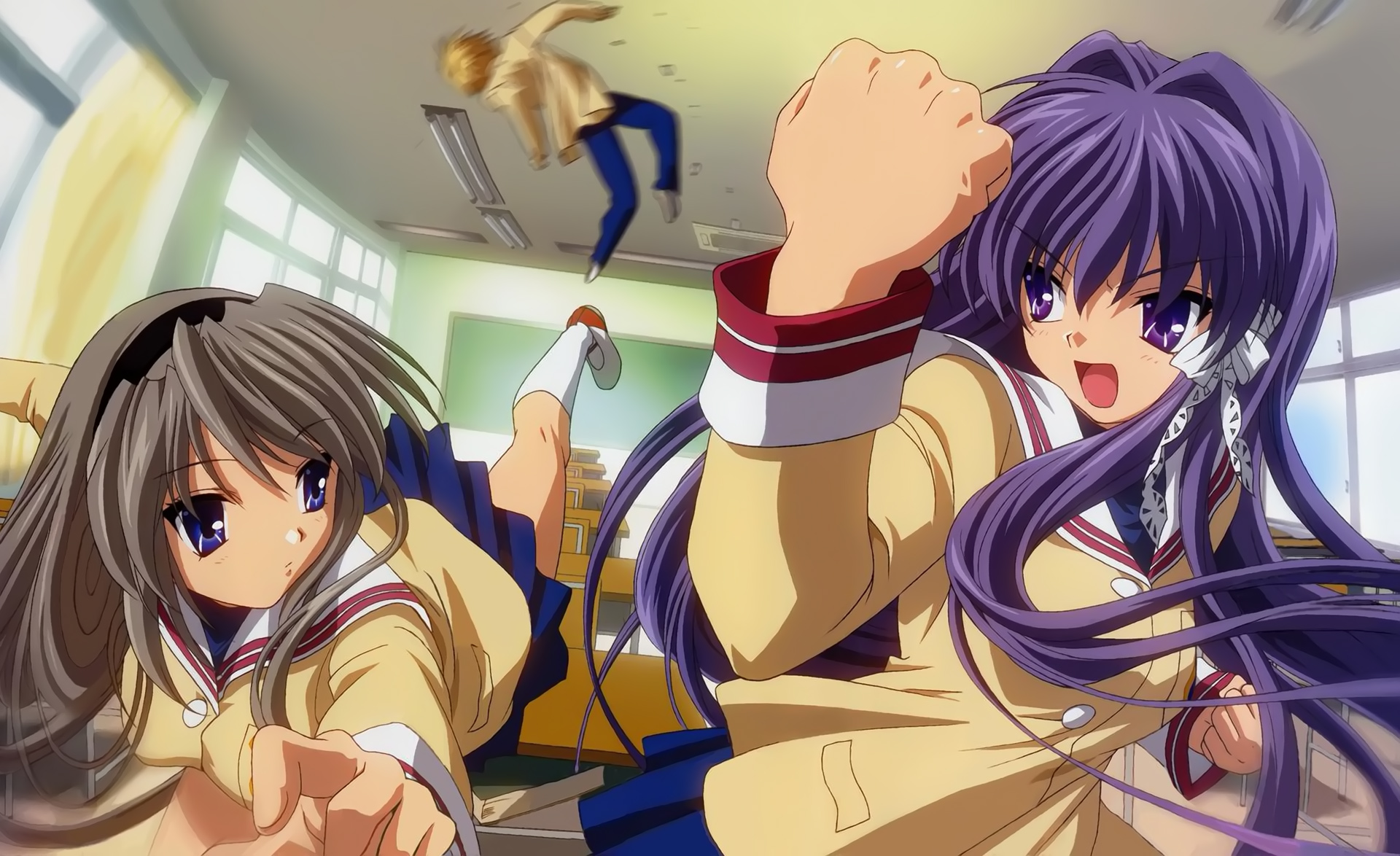 blue_eyes, blue_hair, clannad, fujibayashi_kyou, gray_hair, kick, long_hair, punch