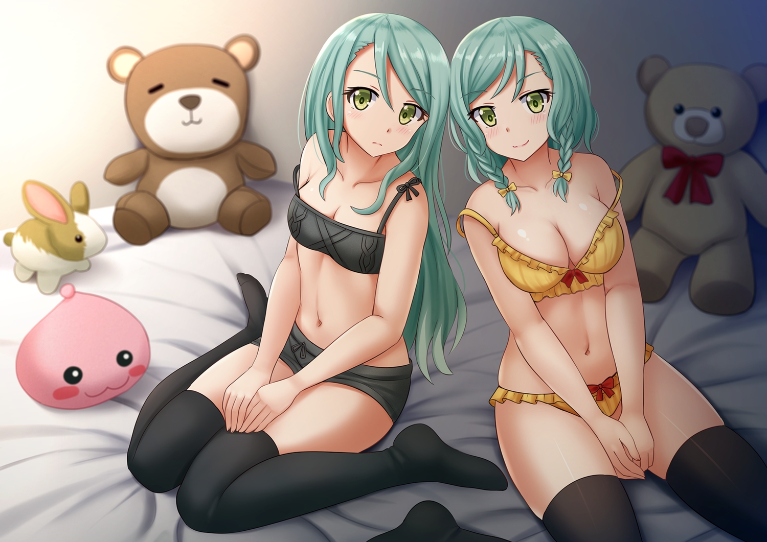 2girls, bang_dream!, bed, breasts, cleavage, green_eyes, green_hair, hikawa_hina, hikawa_sayo, kazenokaze, long_hair, teddy_bear, thighhighs, twins, underwear