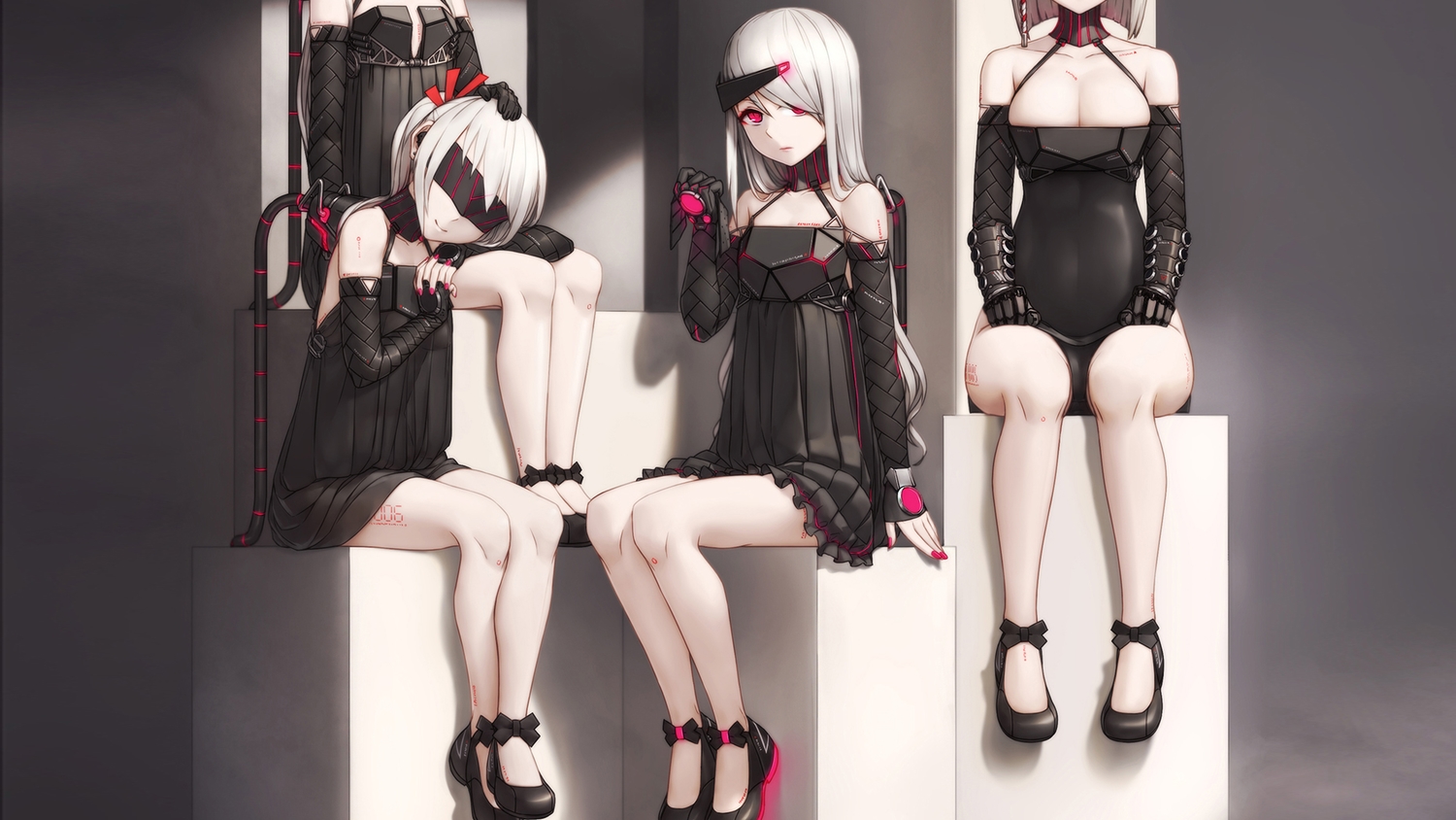 cropped, gray_hair, long_hair, qingmingtongzi, red_eyes, short_hair, zhanjian_shaonu