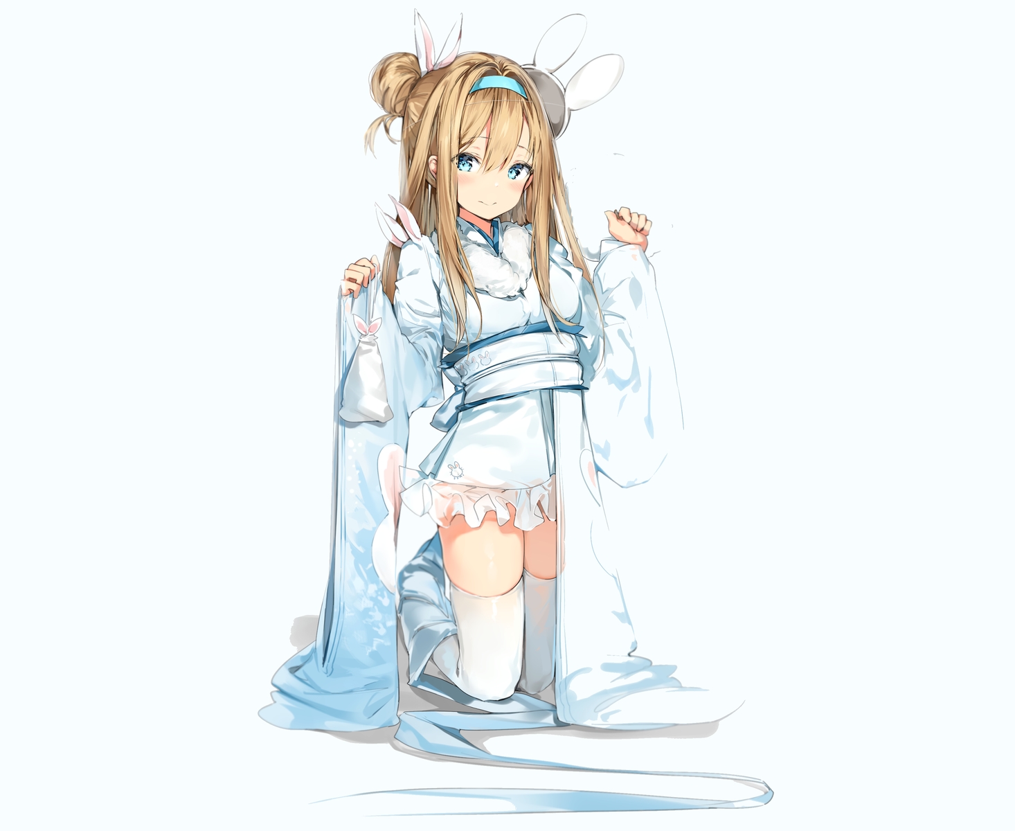 anthropomorphism, aqua_eyes, blonde_hair, girls_frontline, headband, japanese_clothes, kimono, lolita_fashion