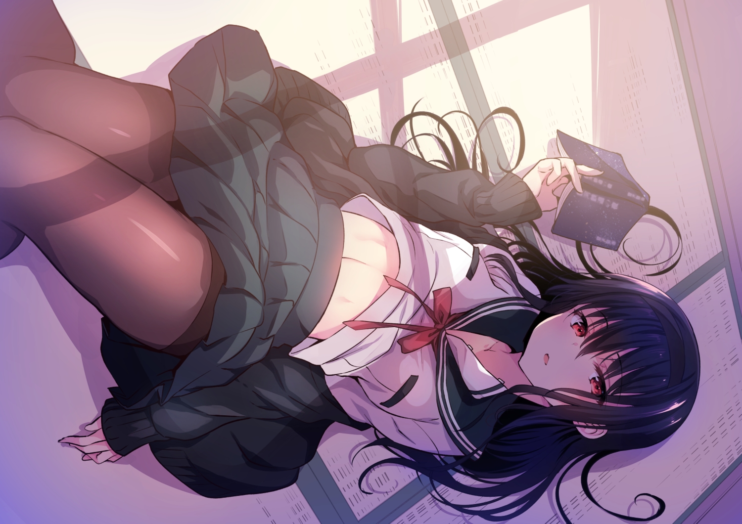 black_hair, book, headband, long_hair, original, pantyhose, red_eyes, sanshoku_amido, school_uniform, skirt