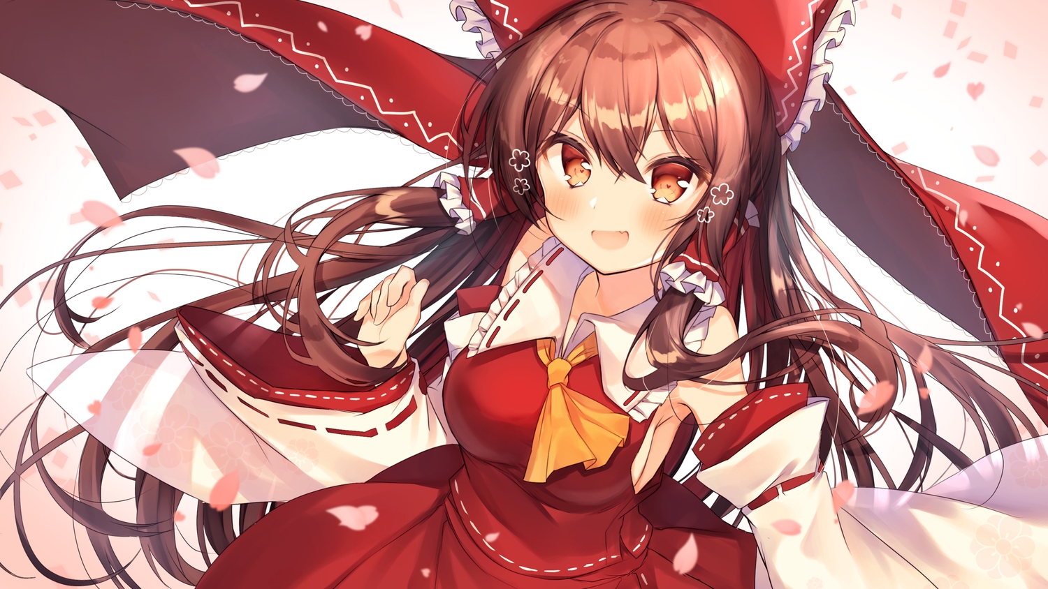 bow, breasts, brown_hair, hakurei_reimu, japanese_clothes, long_hair, miko, nenobi_(nenorium), orange_eyes, sideboob, touhou