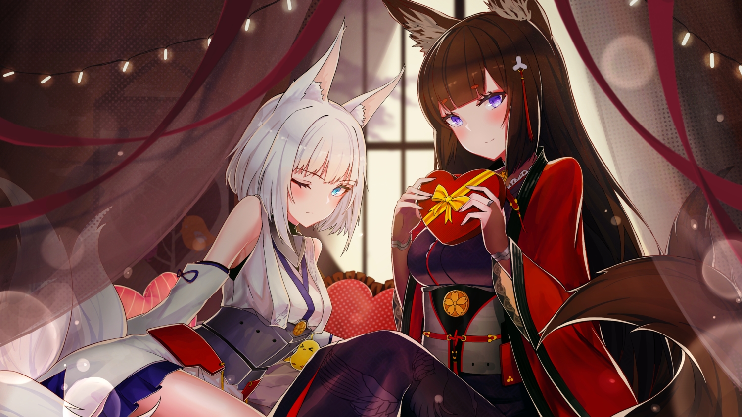 2girls, aliasing, amagi_(azur_lane), animal_ears, anthropomorphism, aqua_eyes, azur_lane, blush, brown_hair, foxgirl, japanese_clothes, kaga_(azur_lane), long_hair, manjuu_(azur_lane), multiple_tails, purple_eyes, septoleaf, short_hair, tail, valentine, white_hair, wink