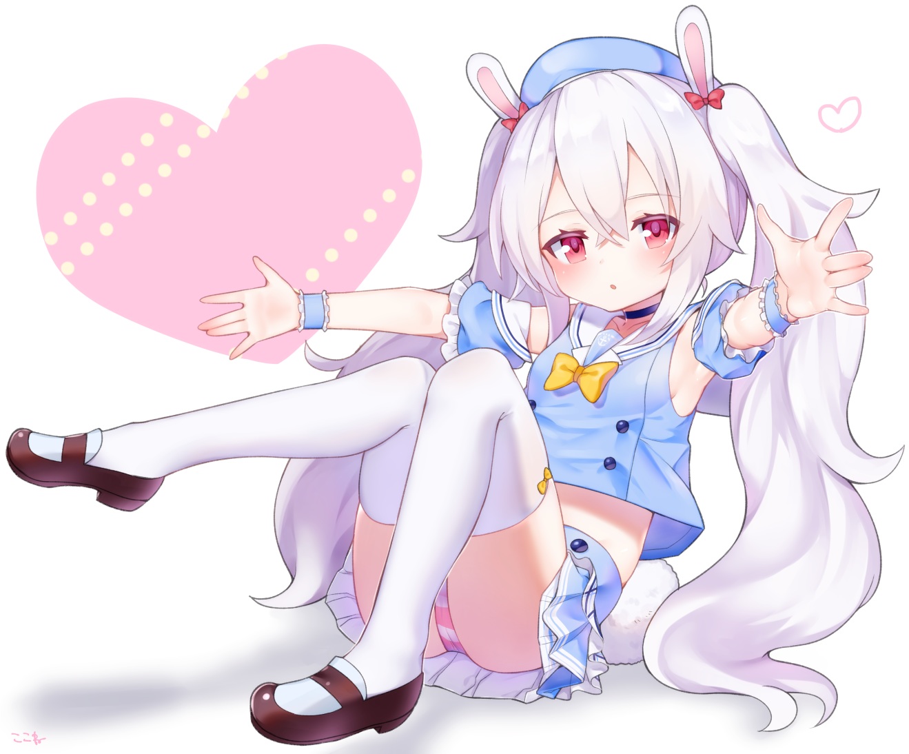 animal_ears, anthropomorphism, azur_lane, blush, bunny_ears, bunnygirl, choker, hat, koko_ne, laffey_(azur_lane), loli, long_hair, panties, red_eyes, school_uniform, signed, skirt, striped_panties, tail, thighhighs, twintails, underwear, white, white_hair, wristwear