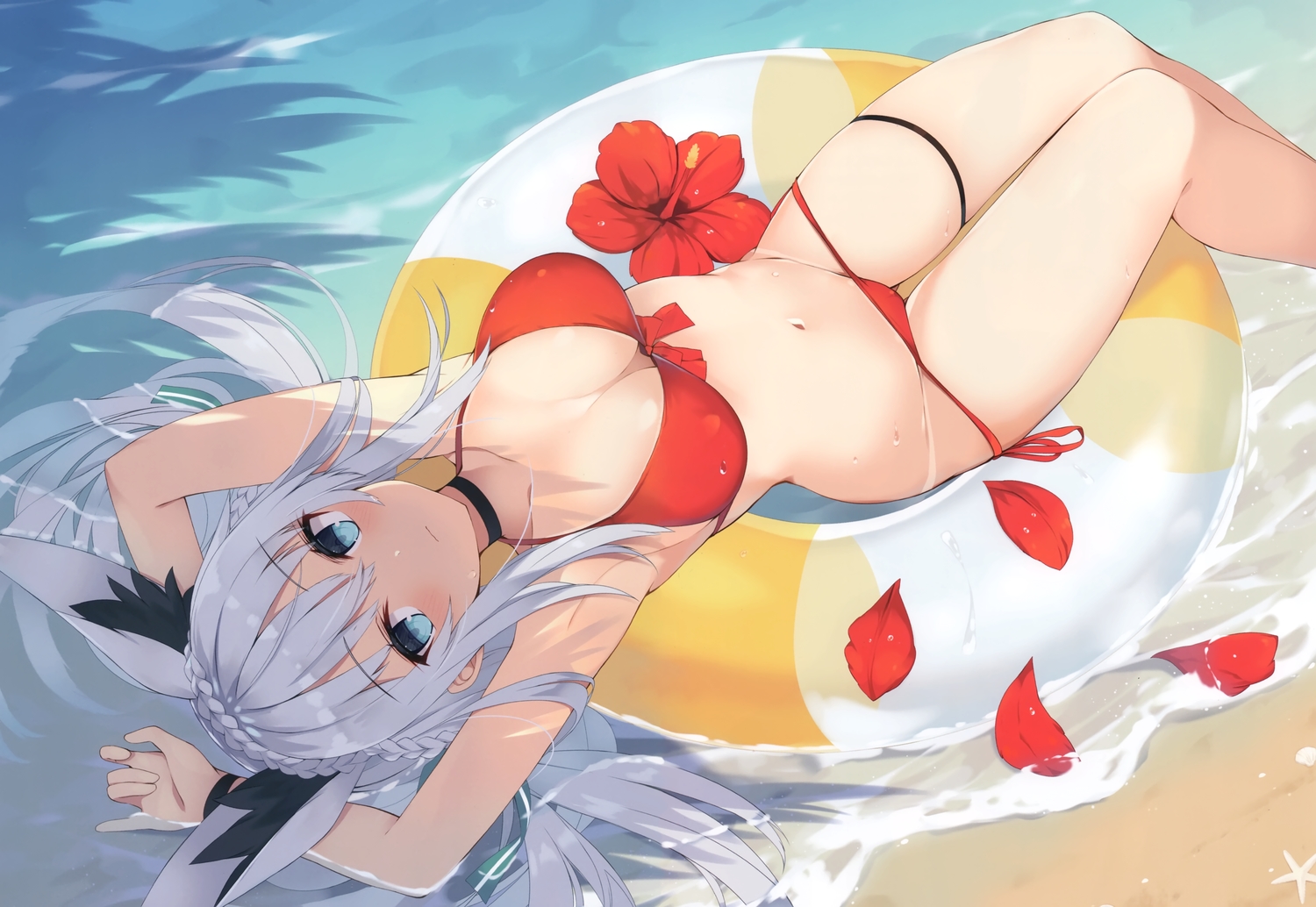 animal_ears, bikini, blue_eyes, braids, choker, flowers, garter, long_hair