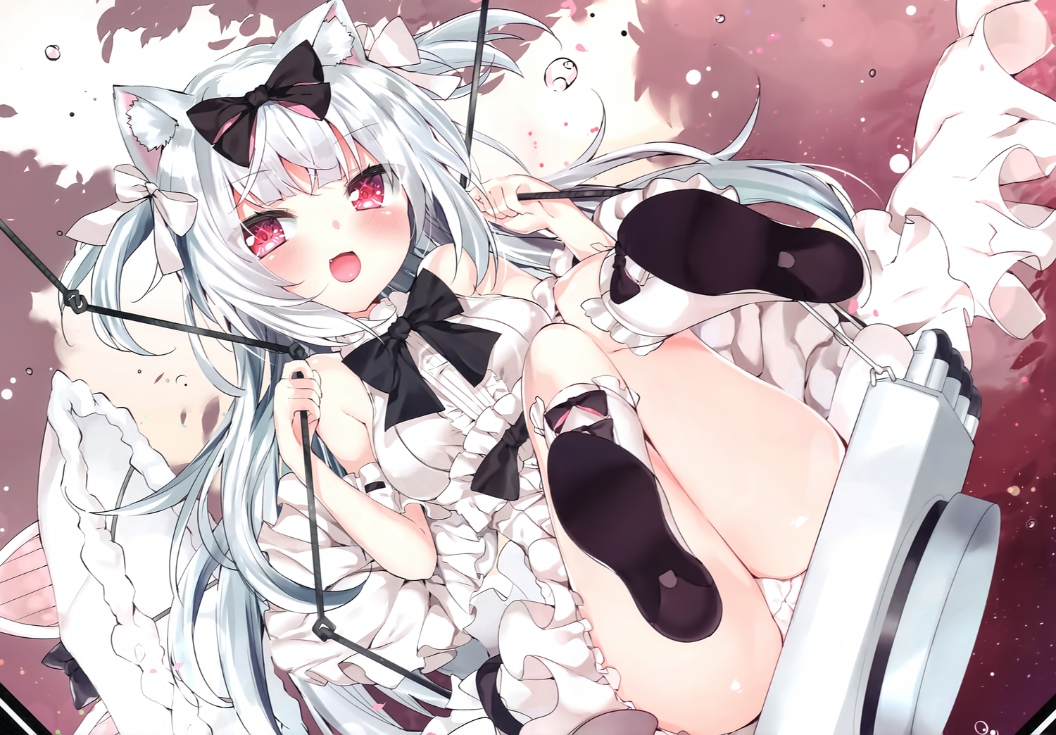 animal_ears, anthropomorphism, azur_lane, blush, bow, catgirl, dress, fang