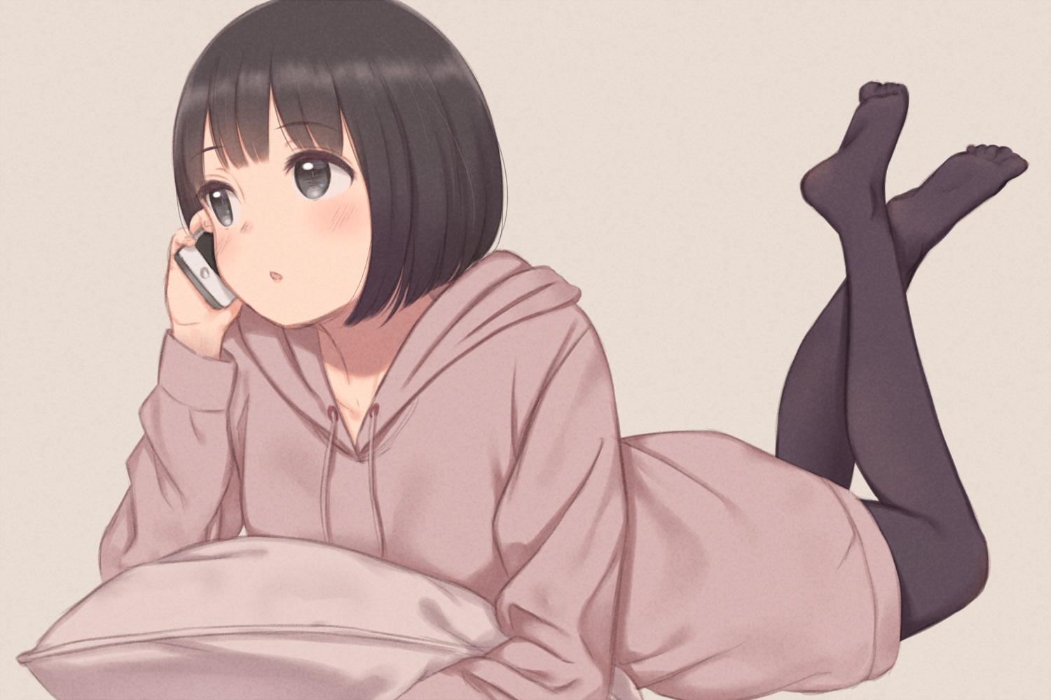 black_eyes, black_hair, hood, kyak_bamboo, original, pantyhose, phone, polychromatic, short_hair