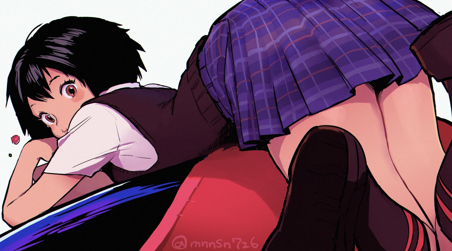black_hair, brown_eyes, katsuoboshi, kneehighs, marvel_comics, peni_parker, school_uniform, short_hair, signed, skirt