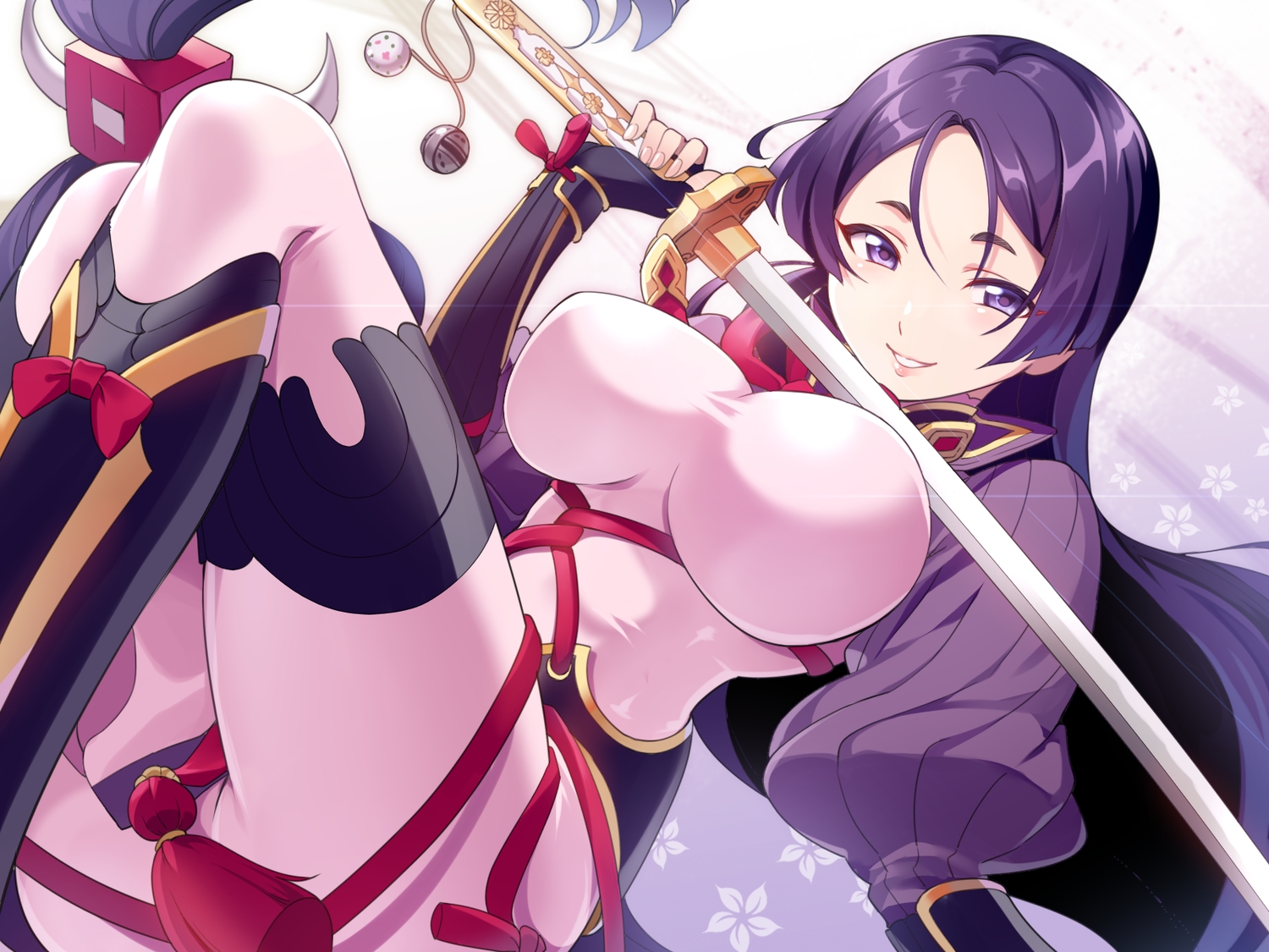 bodysuit, breasts, elbow_gloves, fate/grand_order, fate_(series), gloves, hakka_(88hk88), katana, long_hair, minamoto_no_yorimitsu_(fate), purple_eyes, purple_hair, skintight, sword, weapon