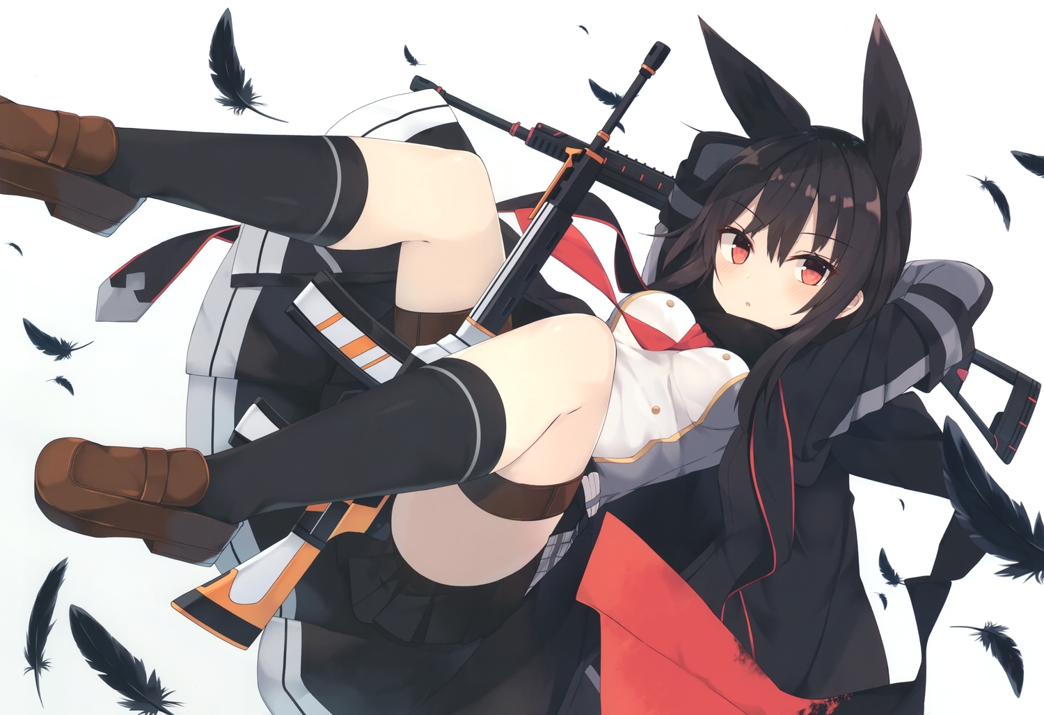 animal_ears, black_hair, feathers, garter, gun, kneehighs, nibiiro_shizuka, original