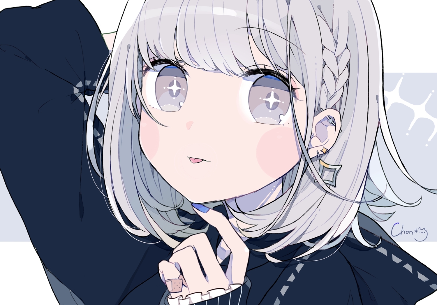bandaid, blue_eyes, braids, chon_(chon33v), close, gray_hair, hood, original, polychromatic, short_hair, signed