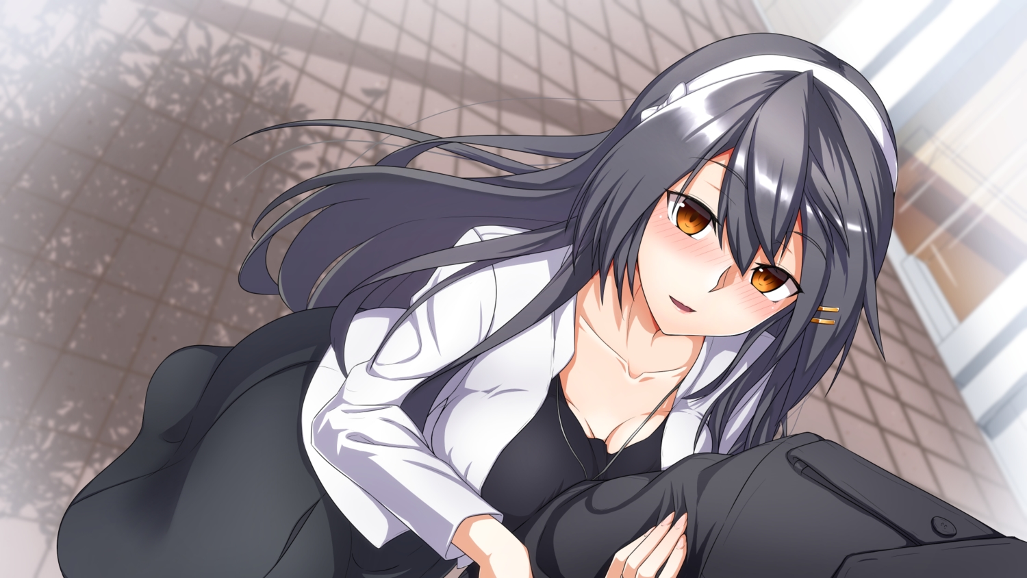 admiral_(kancolle), anthropomorphism, black_hair, blush, breasts, carmine_(ucdio), cleavage, dress, haruna_(kancolle), headband, hug, kantai_collection, long_hair, male, necklace, orange_eyes