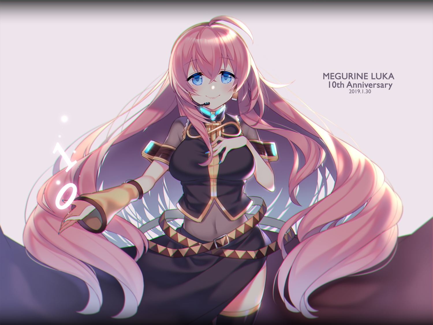 blue_eyes, breast_hold, breasts, kurisu_sai, long_hair, megurine_luka, microphone, navel