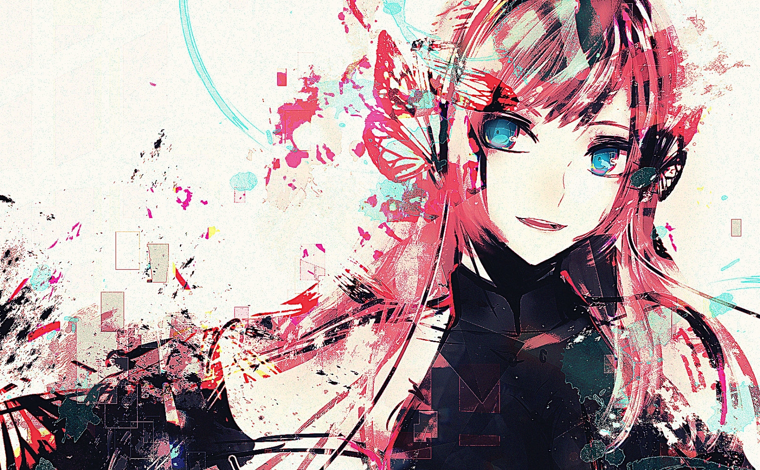 aqua_eyes, butterfly, close, headphones, long_hair, megurine_luka, nyakkunn, pink_hair, polychromatic, vocaloid