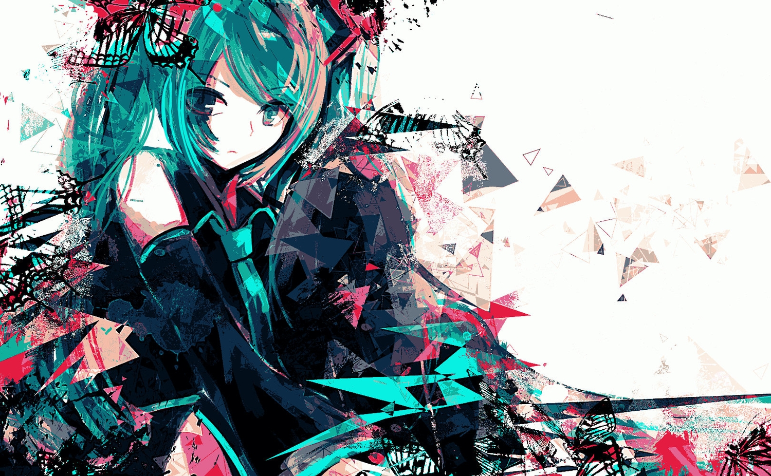 aqua_eyes, aqua_hair, butterfly, hatsune_miku, long_hair, nyakkunn, polychromatic, tie, twintails, vocaloid