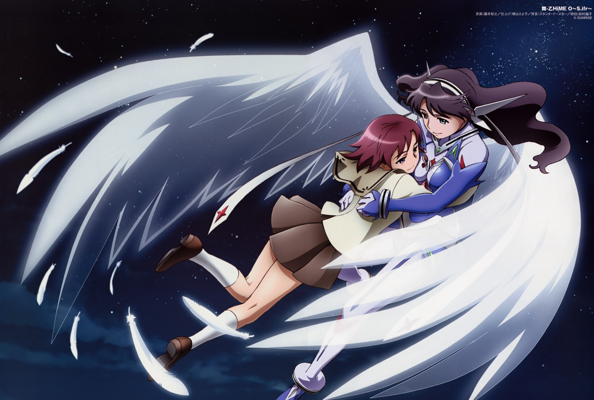 black_hair, blue_eyes, feathers, headband, mai_otome_sifr, purple_hair, rena_sayers, school_uniform