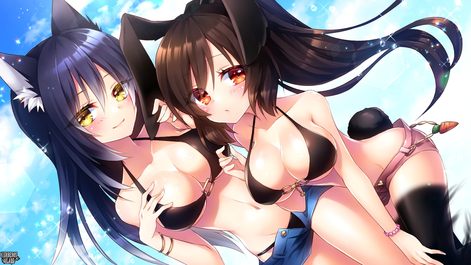 2girls, animal_ears, bikini, bikini_top, blue_hair, breasts, brown_hair, bunny_ears, bunnygirl, cleavage, clouds, kerberos_blade, logo, long_hair, navel, ponytail, red_eyes, shorts, sky, swimsuit, tail, thighhighs, thistle_lapis, underboob, wristwear, yellow_eyes