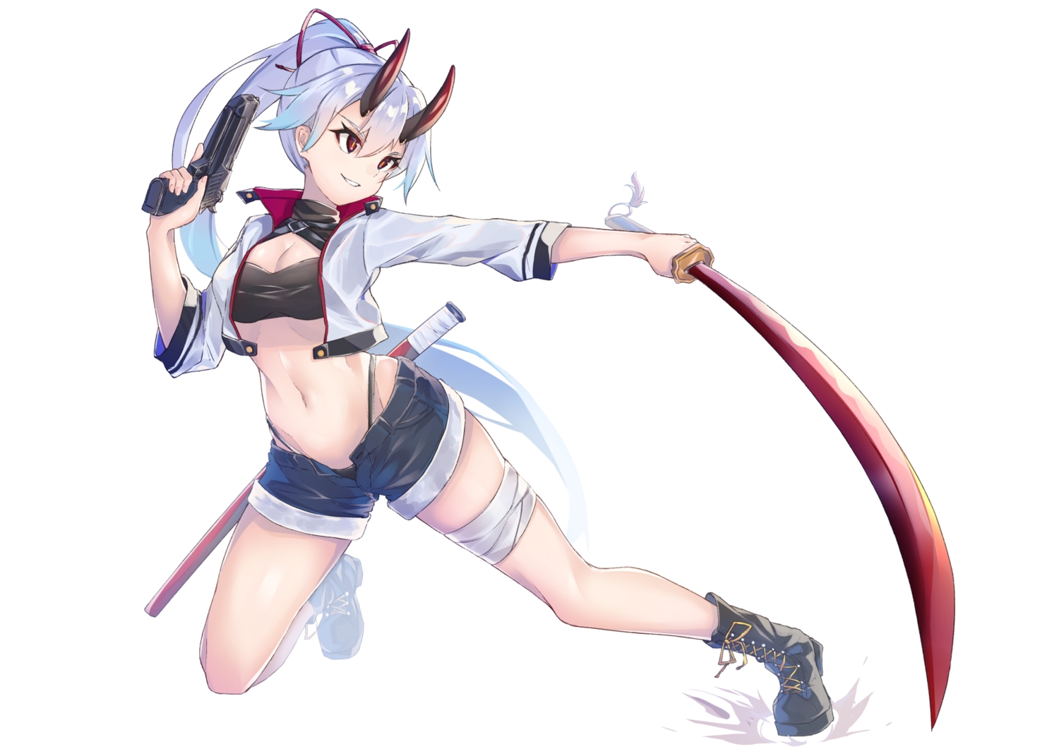 bandage, boots, breasts, cleavage, demon, fate/grand_order, fate_(series), gray_hair, gun, horns, katana, long_hair, navel, ponytail, red_eyes, shorts, sword, tapioka_(oekakitapioka), tomoe_gozen, weapon, white