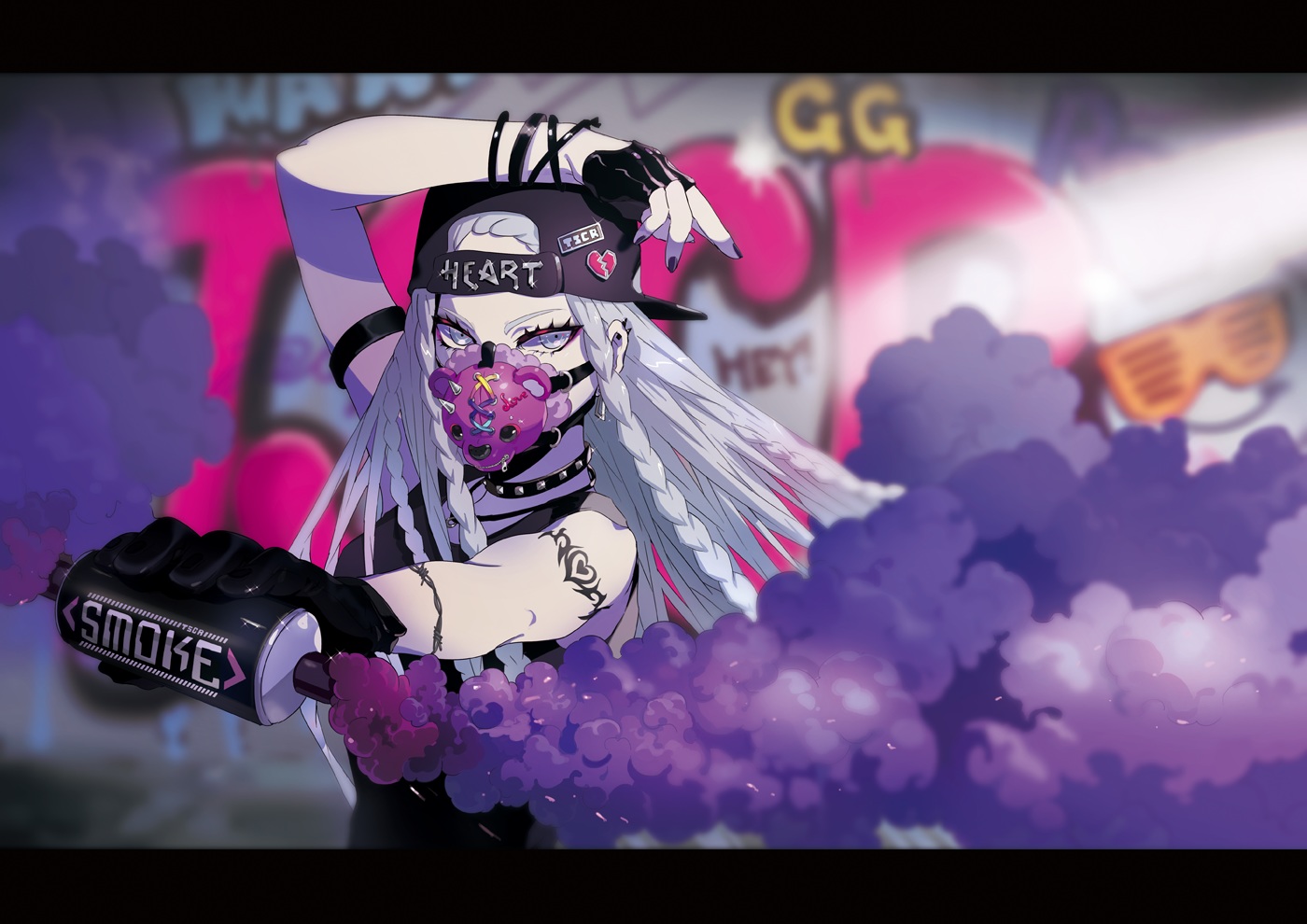 braids, choker, gloves, graffiti, gray_eyes, gray_hair, hat, long_hair