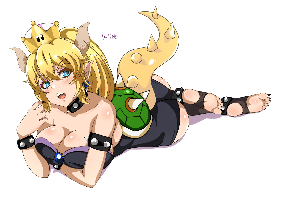 aqua_eyes, ass, barefoot, blonde_hair, blush, bowsette, breast_hold, breasts