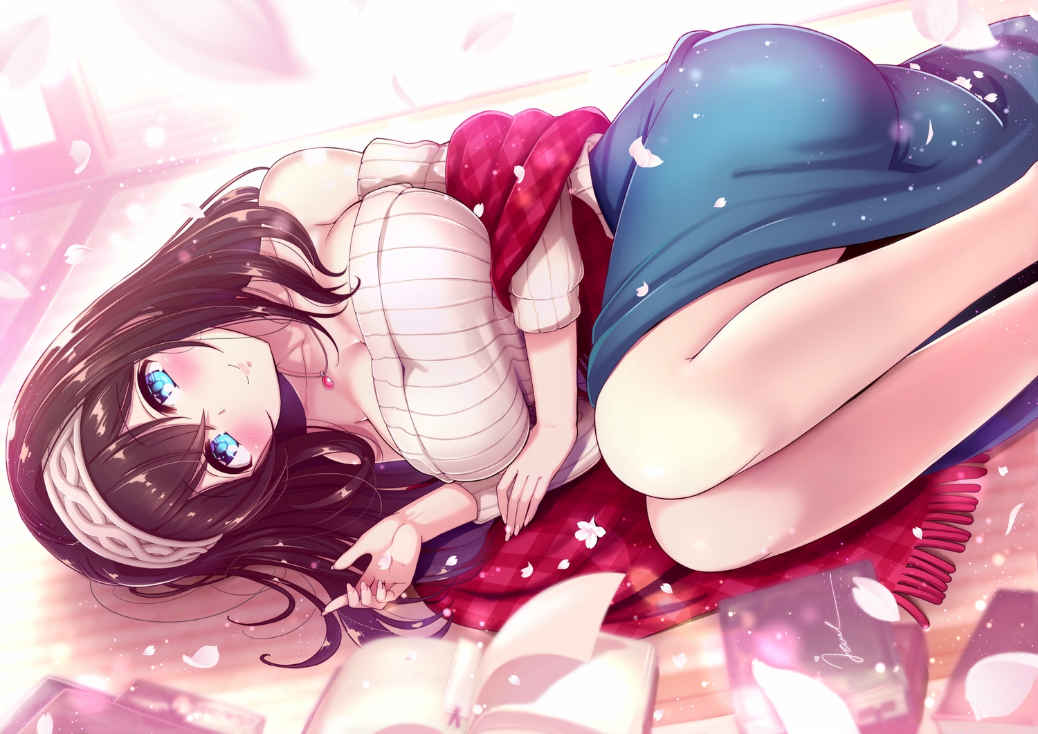 aqua_eyes, ass, blush, book, breasts, brown_hair, cleavage, headband, idolmaster, idolmaster_cinderella_girls, jewel_(the_black_canvas), long_hair, necklace, sagisawa_fumika, signed, skirt