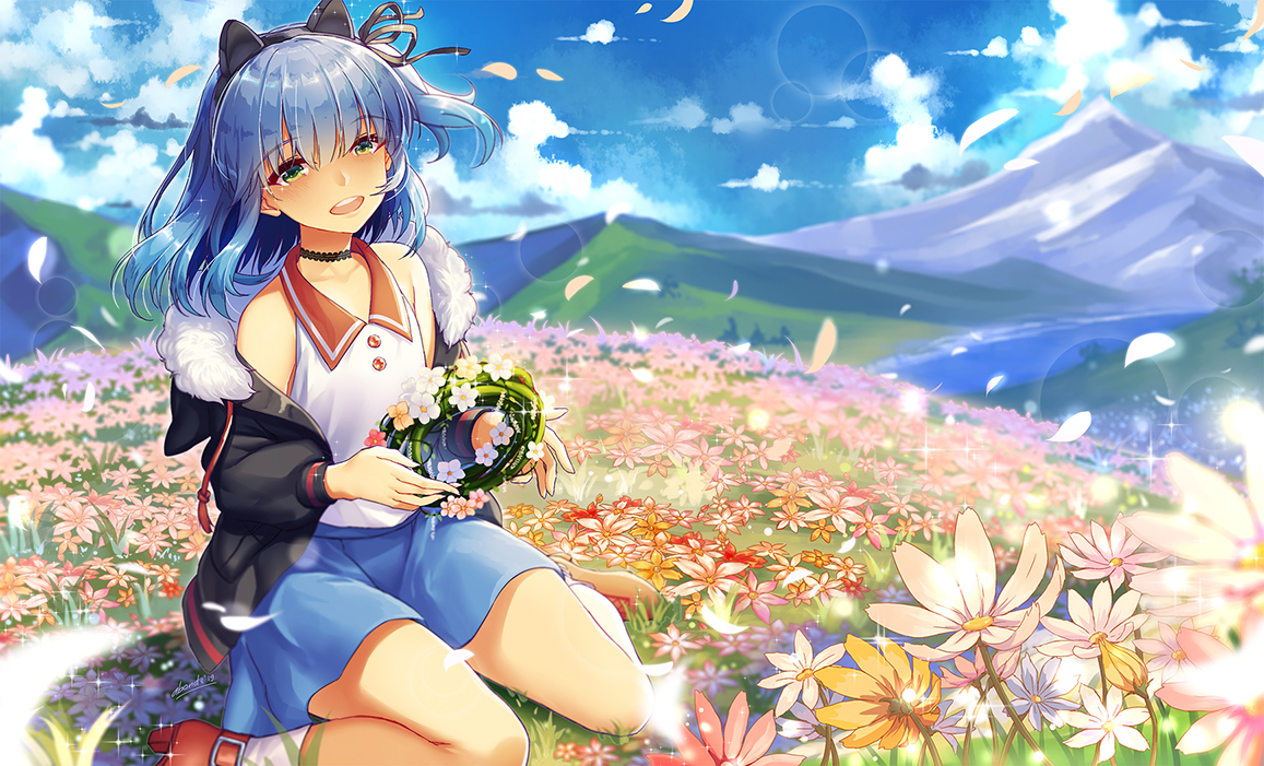 abondz, all_male, animal_ears, blue_hair, blush, choker, clouds, flowers