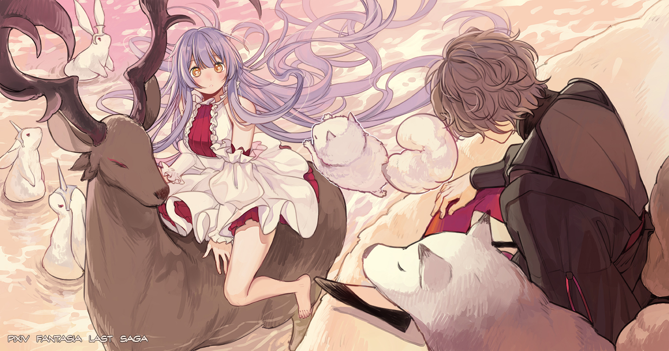 animal, armor, barefoot, dog, dress, gray_hair, long_hair, male