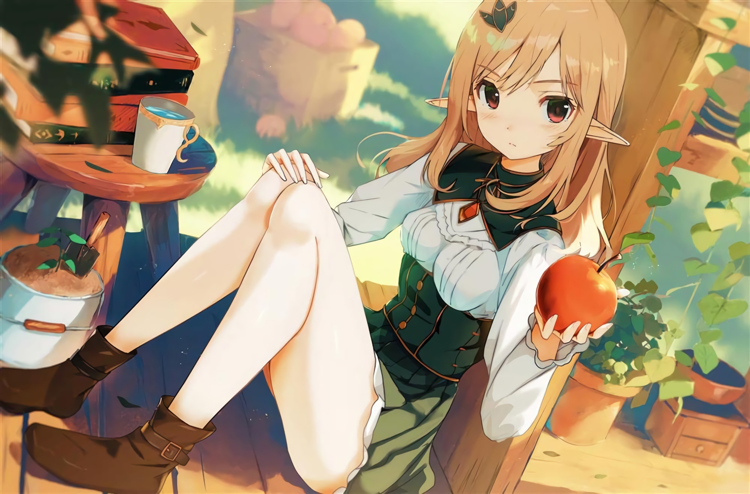 blonde_hair, book, boots, drink, food, fruit, long_hair, necklace, original, pointed_ears, red_eyes, waifu2x, yoshitake