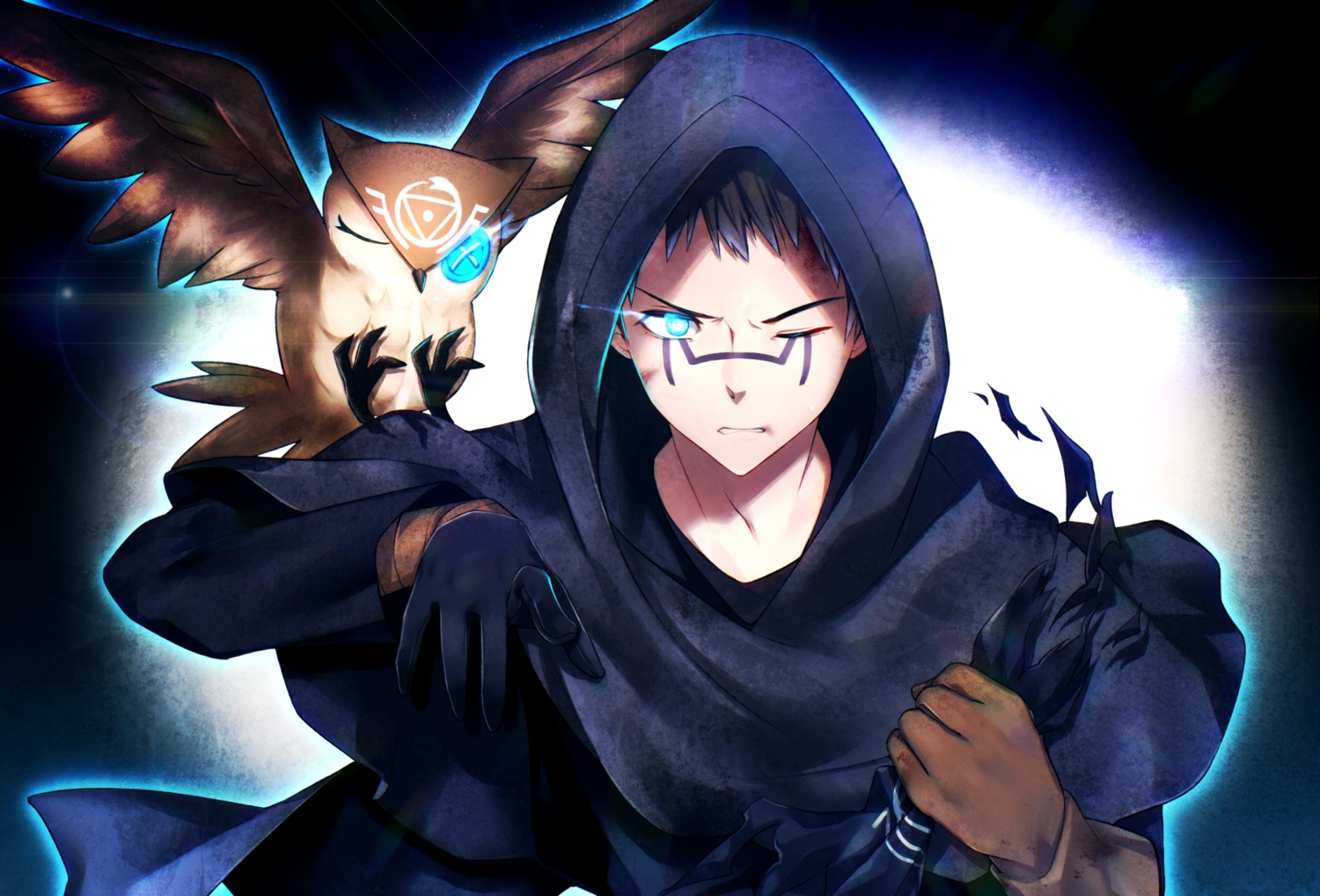 all_male, animal, aqua_eyes, bird, eli_clark, gloves, hood, identity_v