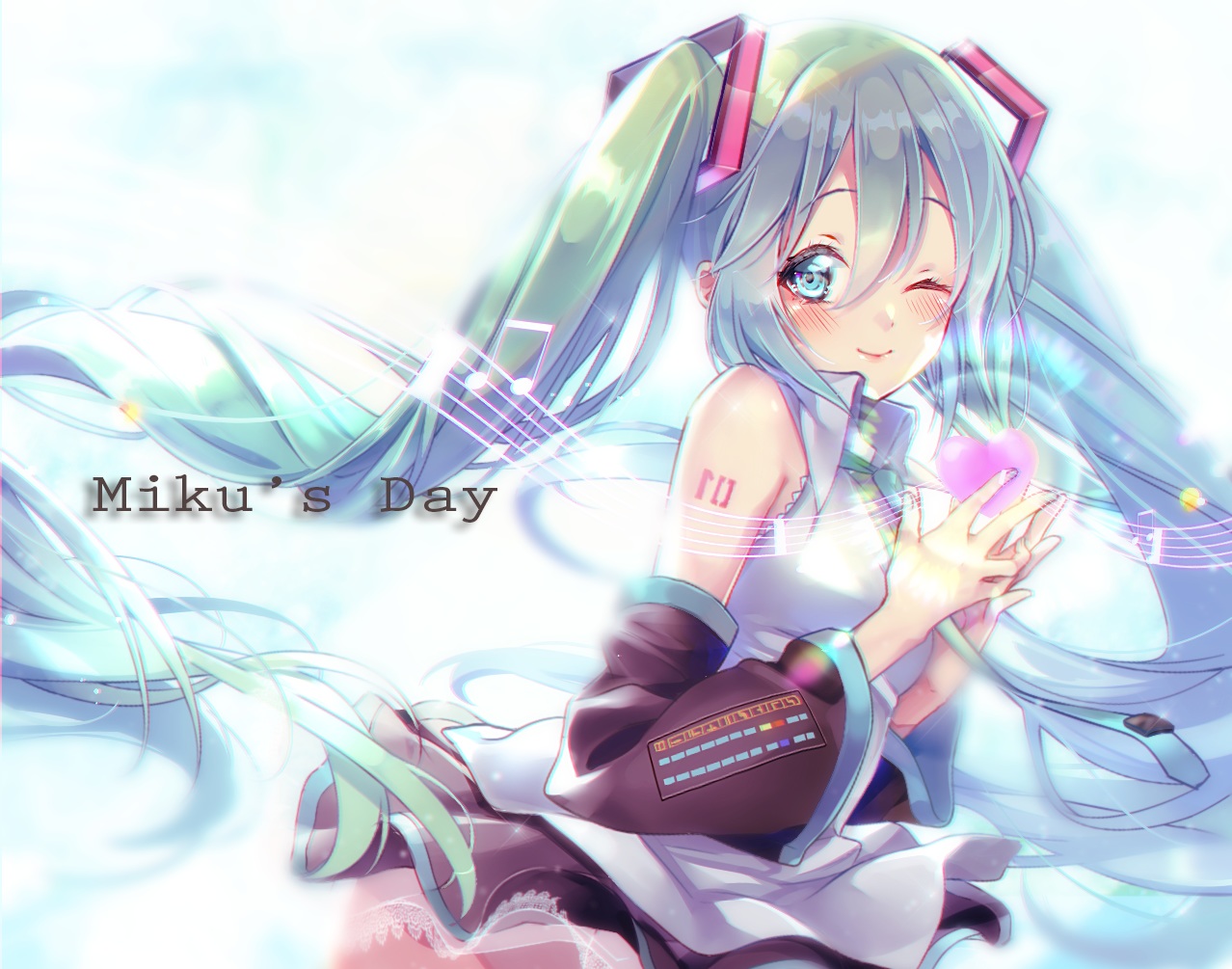 aqua_eyes, aqua_hair, blush, hatsune_miku, heart, long_hair, maronie., music
