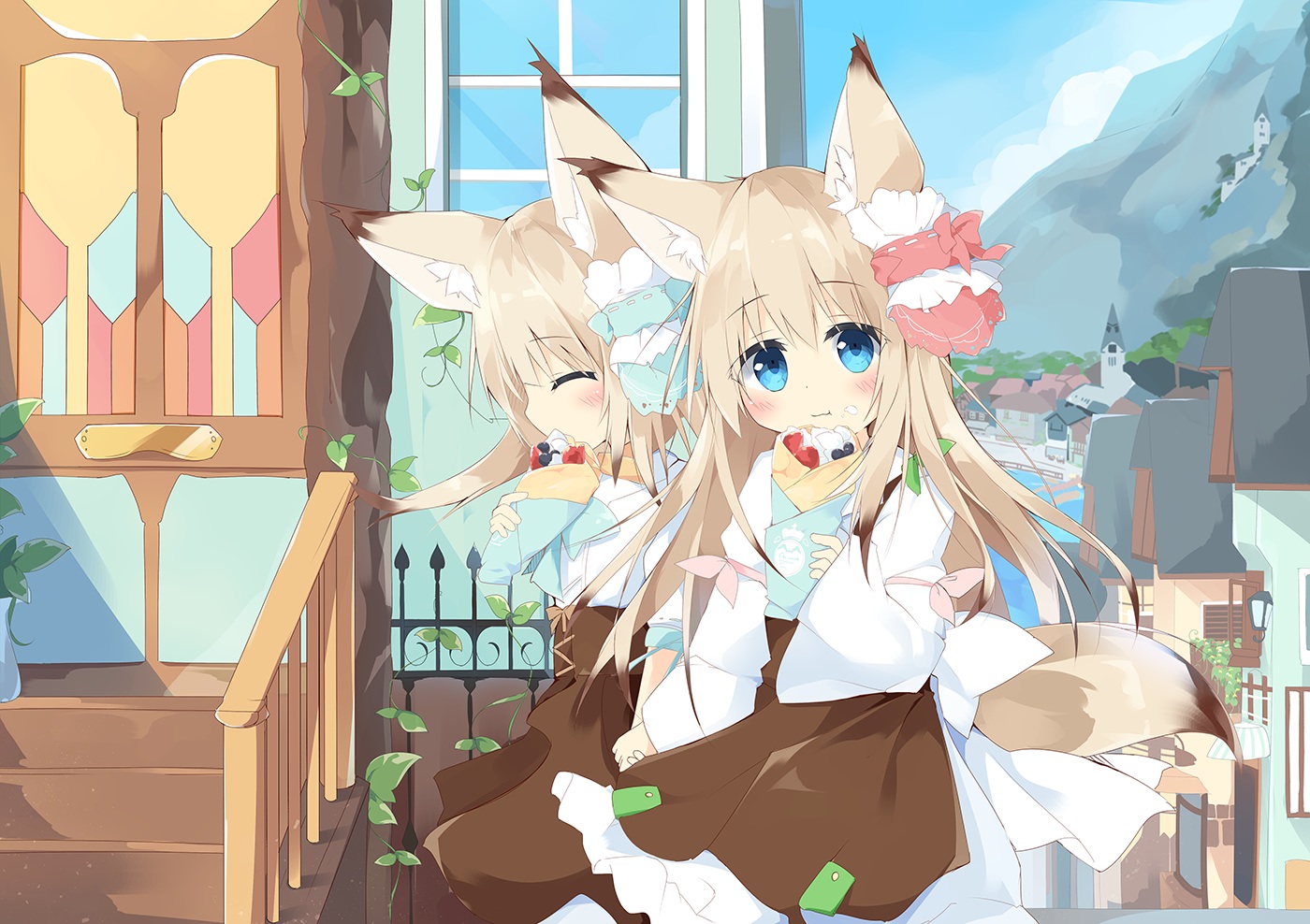2girls, animal_ears, aqua_eyes, blonde_hair, building, city, food, foxgirl